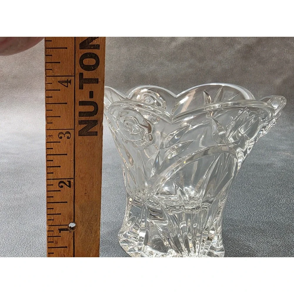 Clear Cut Glass Rose Bowl Scalloped Rim‎ Embossed Floral Design 4 Inch